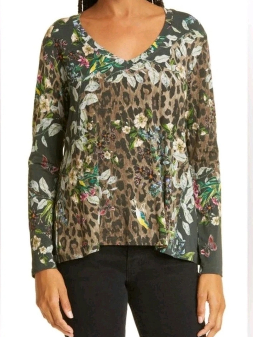 Johnny Was Ash Bird Floral & Leopard Print V-Neck Long Sleeve Top Tee Sz Medium
